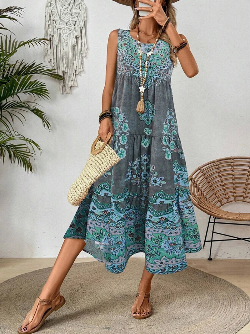 SAIDE™ | S42 DRESS - SUMMER PRINT CREW NECK SLEEVELESS MAXI DRESS