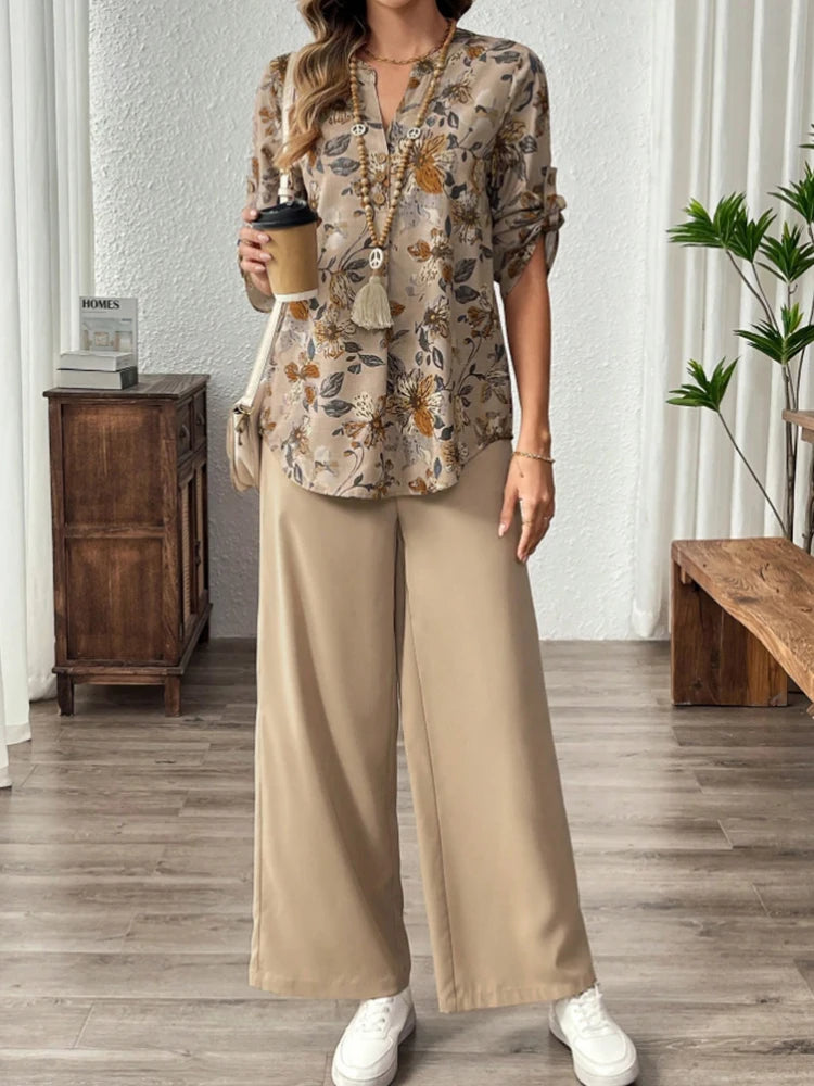 SAIDE™ | S28 TWO PIECE SET - FLORAL PRINT V-NECK TOP AND WIDE LEG PANTS SET