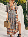 SAIDE™ | S192 DRESS - BOHO PRINT SHORT SLEEVE V-NECK MAXI DRESS