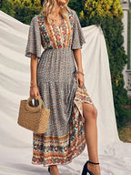 SAIDE™ | S192 DRESS - BOHO PRINT SHORT SLEEVE V-NECK MAXI DRESS