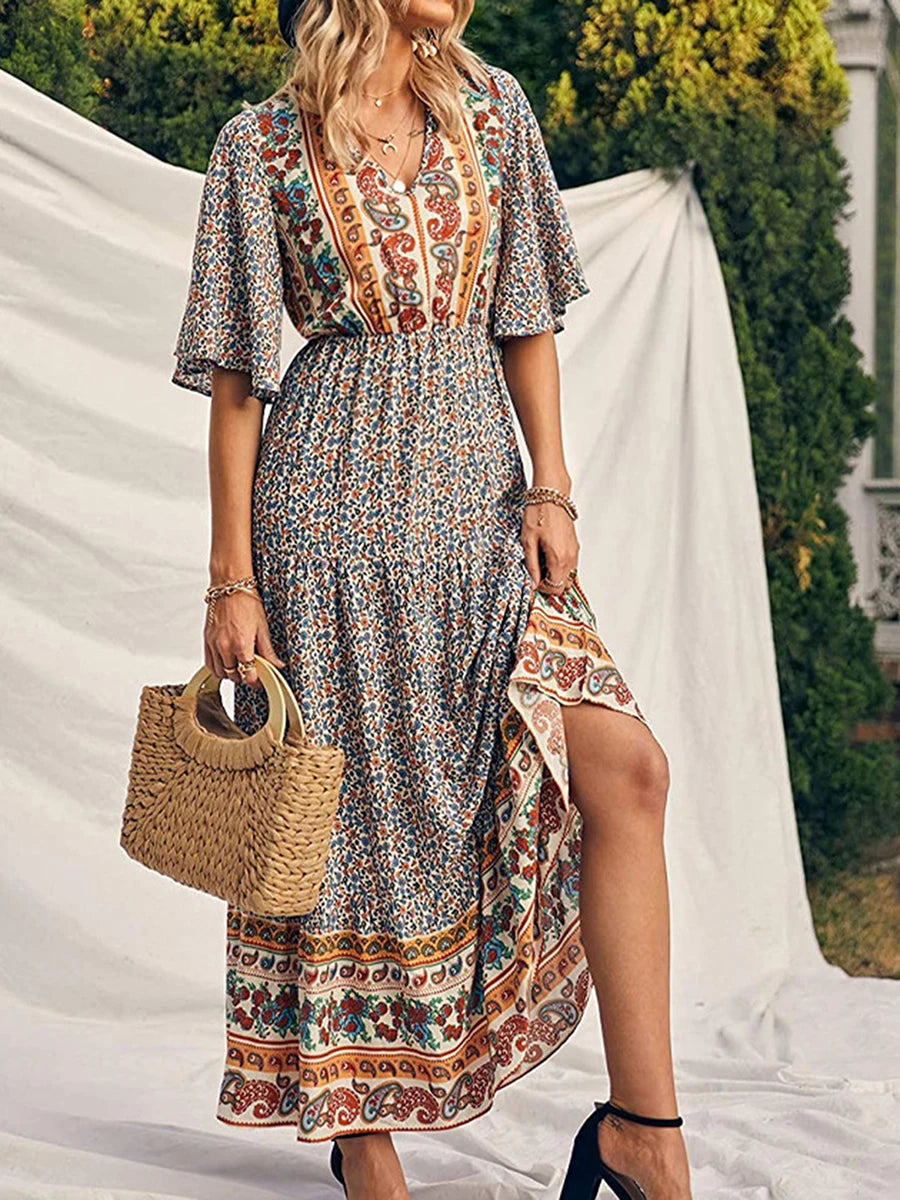 SAIDE™ | S192 DRESS - BOHO PRINT SHORT SLEEVE V-NECK MAXI DRESS