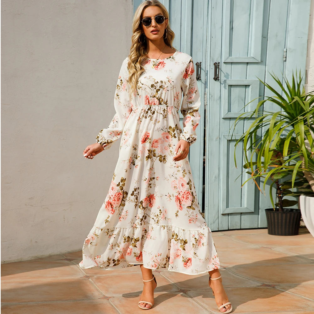 SAIDE™ | S64 DRESS - BOHEMIAN FLORAL PRINT LONG SLEEVE MAXI DRESS