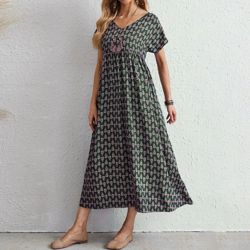 SAIDE™ | S110 DRESS - PLUS SIZE BOHEMIAN PRINTED V-NECK DRESS WITH POCKETS
