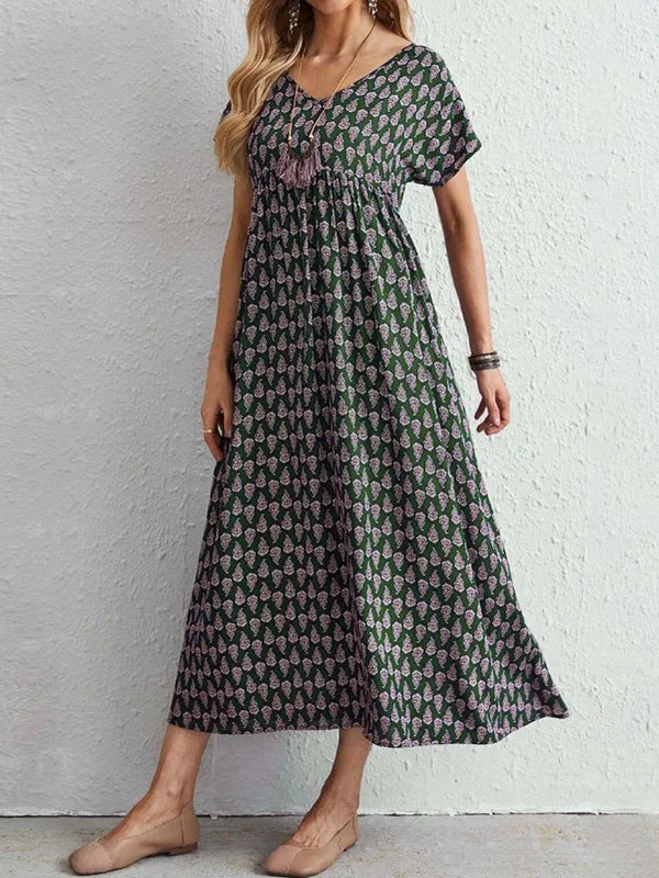 SAIDE™ | S110 DRESS - PLUS SIZE BOHEMIAN PRINTED V-NECK DRESS WITH POCKETS