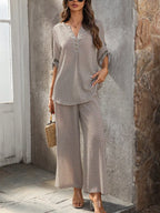 SAIDE™ | S39 TWO PIECE SET - GEOMETRIC PATTERN V-NECK SHIRT AND WIDE LEG TROUSERS SET