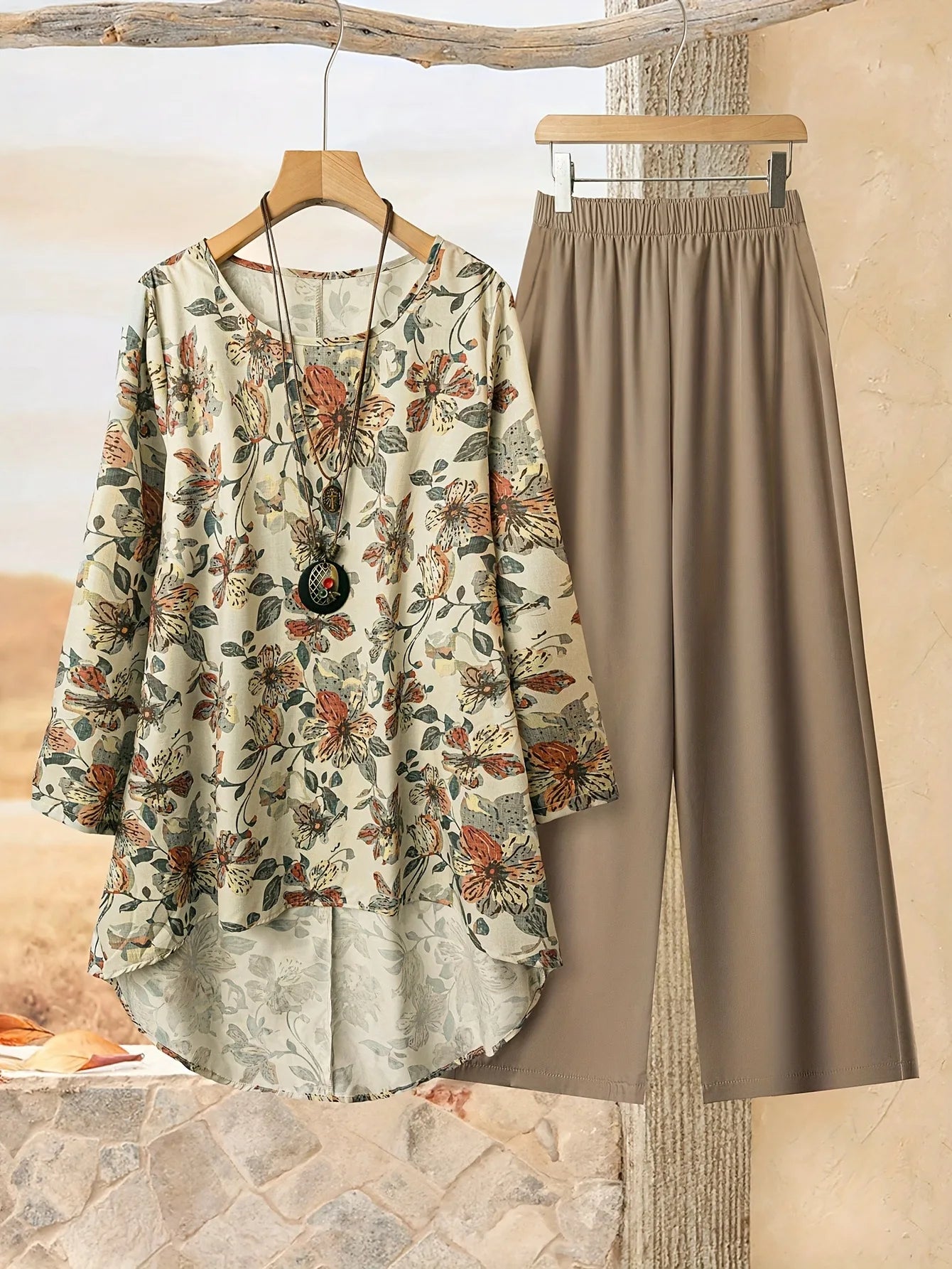 SAIDE™ | S6 TWO PIECE SET - FLORAL PRINT BLOUSE AND WIDE LEG PANTS