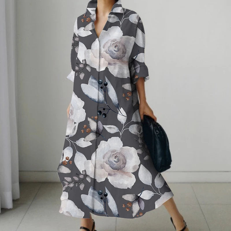 SAIDE™ | S145 DRESS - ELEGANT FLORAL PRINT LONG SLEEVE SHIRT DRESS