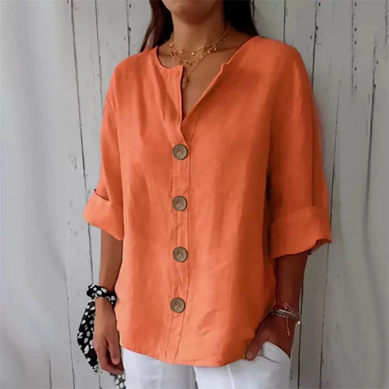SAIDE™ | S114 SHIRT - V-NECK COTTON LINEN BUTTON TOP