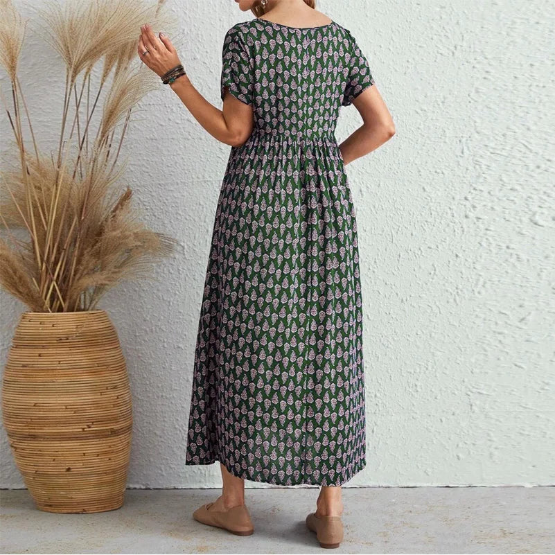 SAIDE™ | S110 DRESS - PLUS SIZE BOHEMIAN PRINTED V-NECK DRESS WITH POCKETS