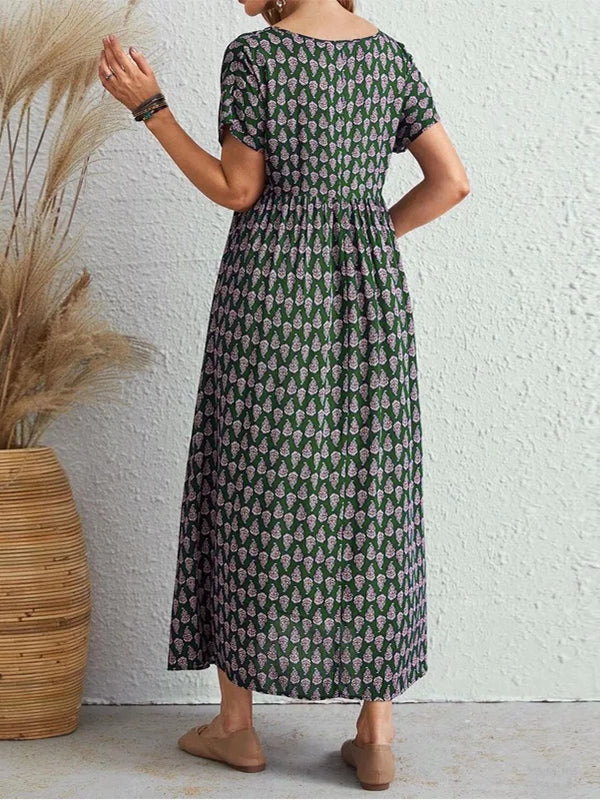SAIDE™ | S110 DRESS - PLUS SIZE BOHEMIAN PRINTED V-NECK DRESS WITH POCKETS