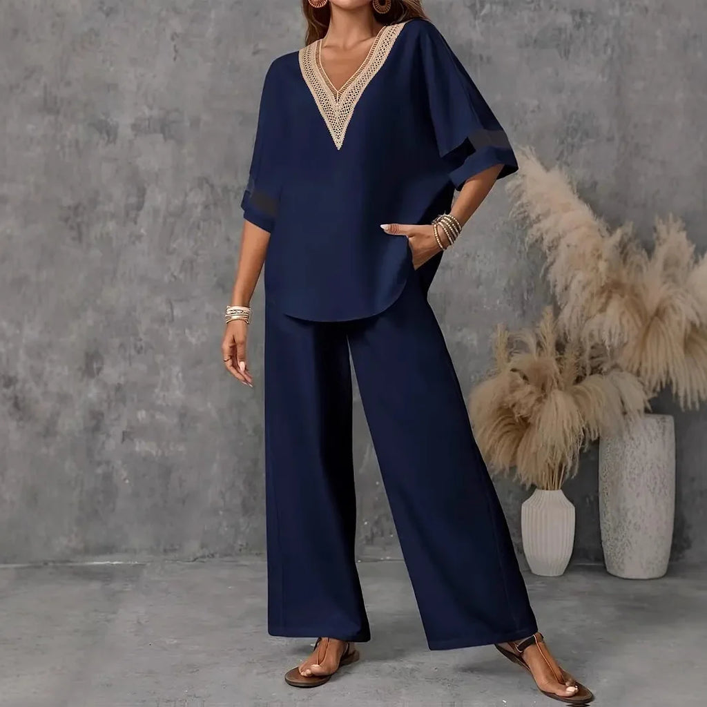 SAIDE™ | S79 SET - LOOSE V-NECK EMBROIDERED TOP & WIDE LEG PANTS TWO PIECE SET