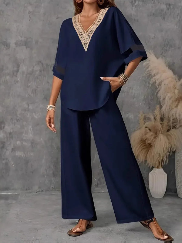 SAIDE™ | S79 SET - LOOSE V-NECK EMBROIDERED TOP & WIDE LEG PANTS TWO PIECE SET
