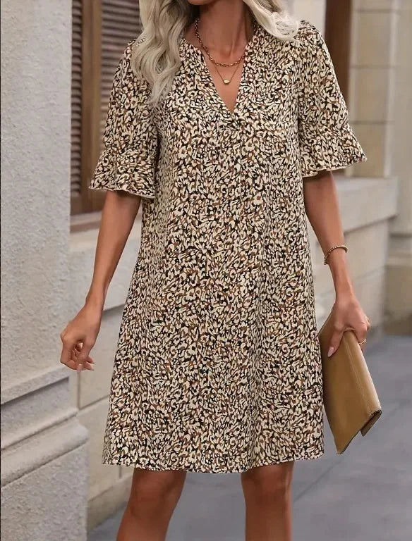 SAIDE™ | S56 DRESS - LEOPARD PRINT V-NECK BELL SLEEVE SPLICE DRESS