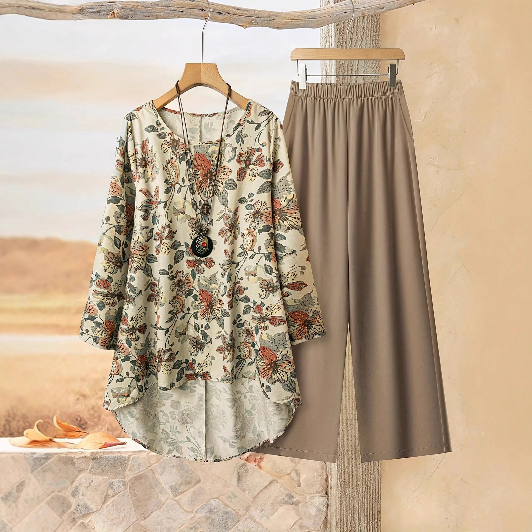 SAIDE™ | S6 TWO PIECE SET - FLORAL PRINT BLOUSE AND WIDE LEG PANTS