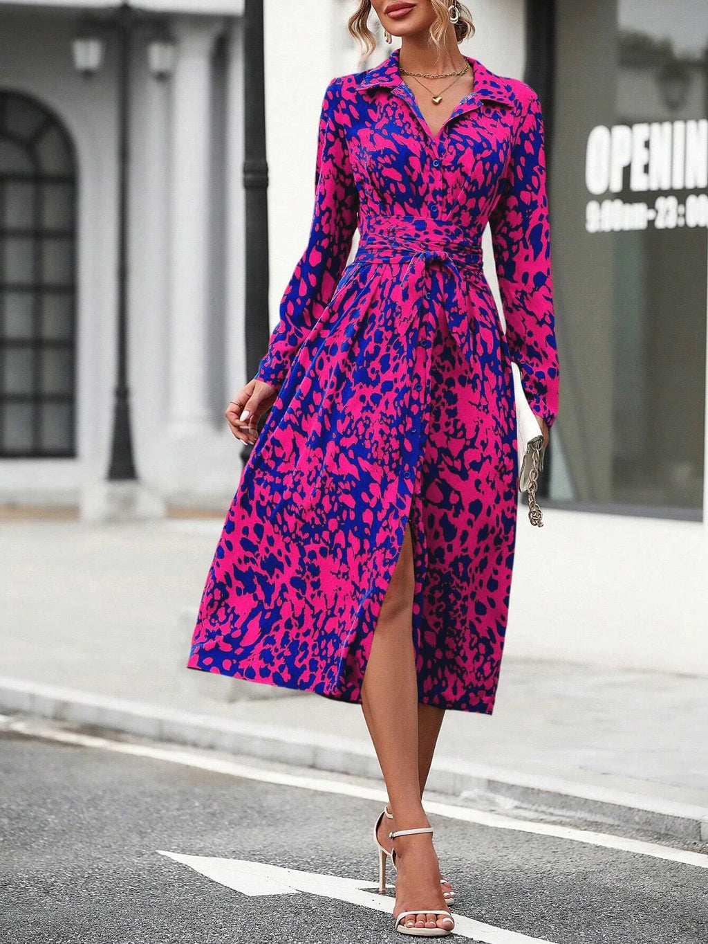 SAIDE™ | S63 DRESS - ELEGANT RANDOM PRINT BUTTON DOWN SHIRT MIDI DRESS