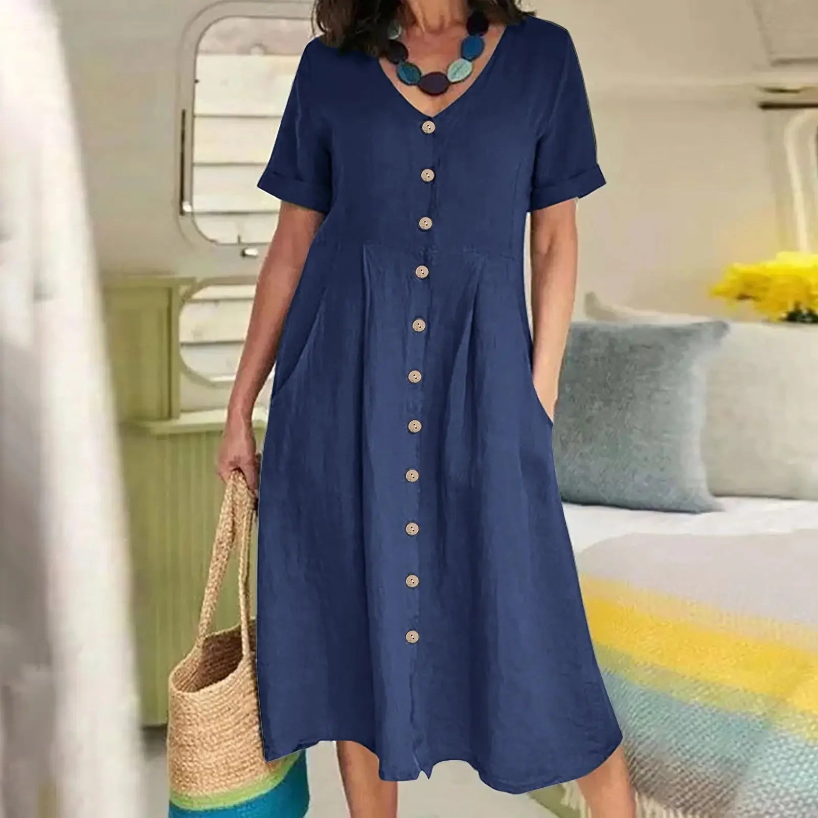 SAIDE™ | S136 DRESS - BUTTON FRONT COTTON LINEN DRESS
