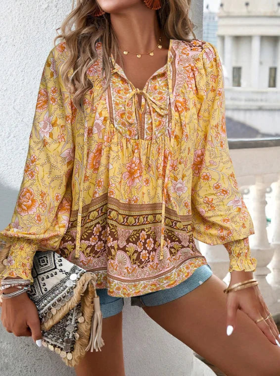 SAIDE™ | S17 BLOUSE - BOHEMIAN FLORAL V-NECK LONG SLEEVE BLOUSE