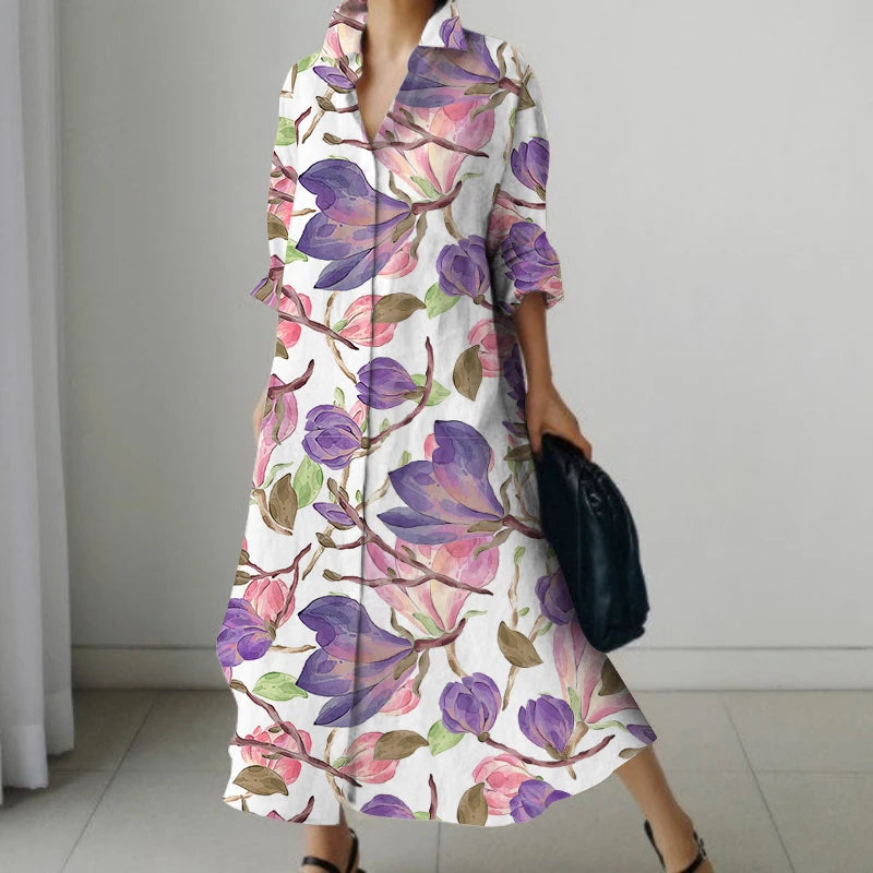 SAIDE™ | S145 DRESS - ELEGANT FLORAL PRINT LONG SLEEVE SHIRT DRESS