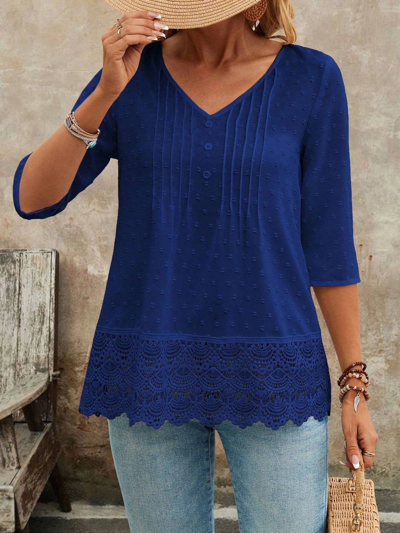 SAIDE™ | S52 TOP - EMBROIDERED HOLLOW OUT TRIM SHORT SLEEVE T-SHIRT