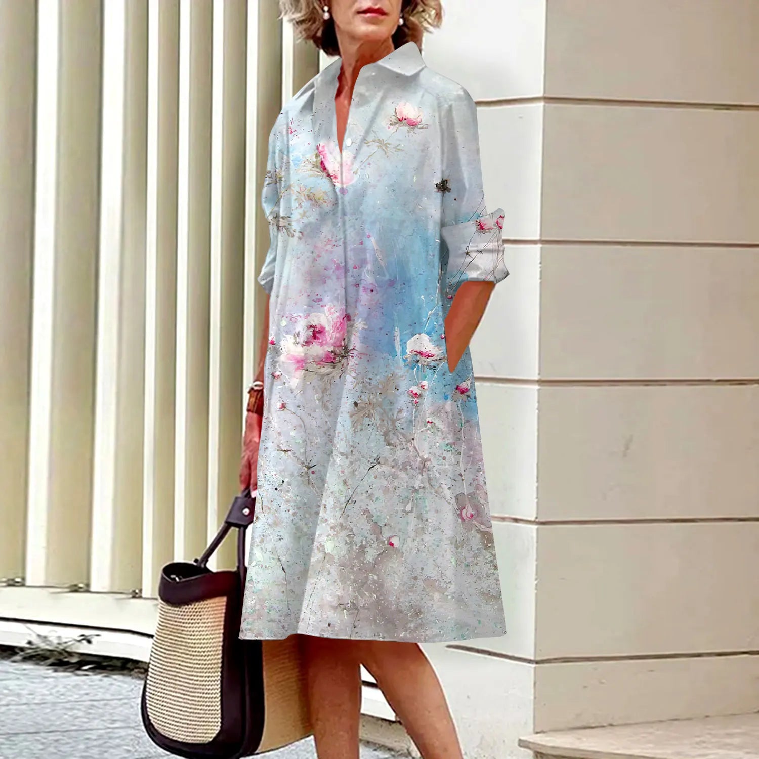 SAIDE™ | S144 DRESS - FLORAL PRINT LONG SLEEVE SHIRT DRESS