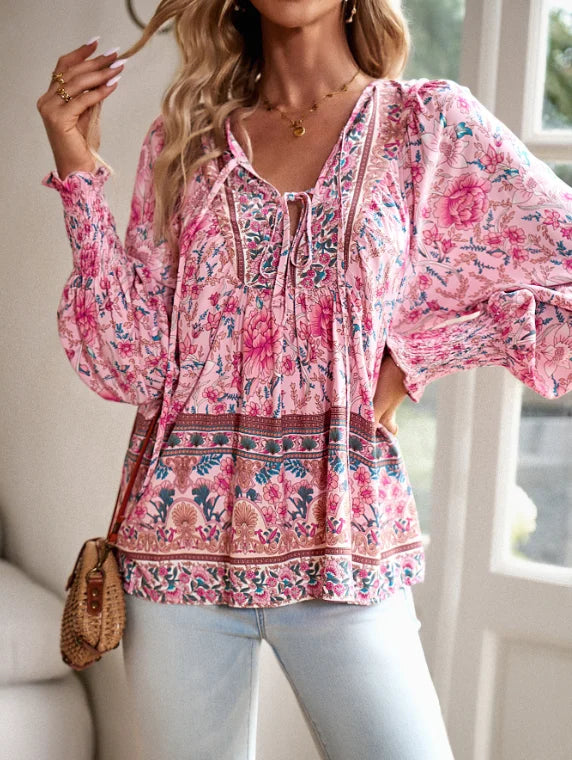 SAIDE™ | S17 BLOUSE - BOHEMIAN FLORAL V-NECK LONG SLEEVE BLOUSE
