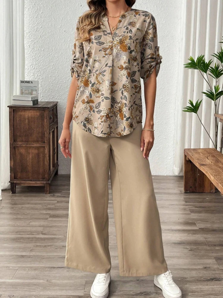 SAIDE™ | S28 TWO PIECE SET - FLORAL PRINT V-NECK TOP AND WIDE LEG PANTS SET