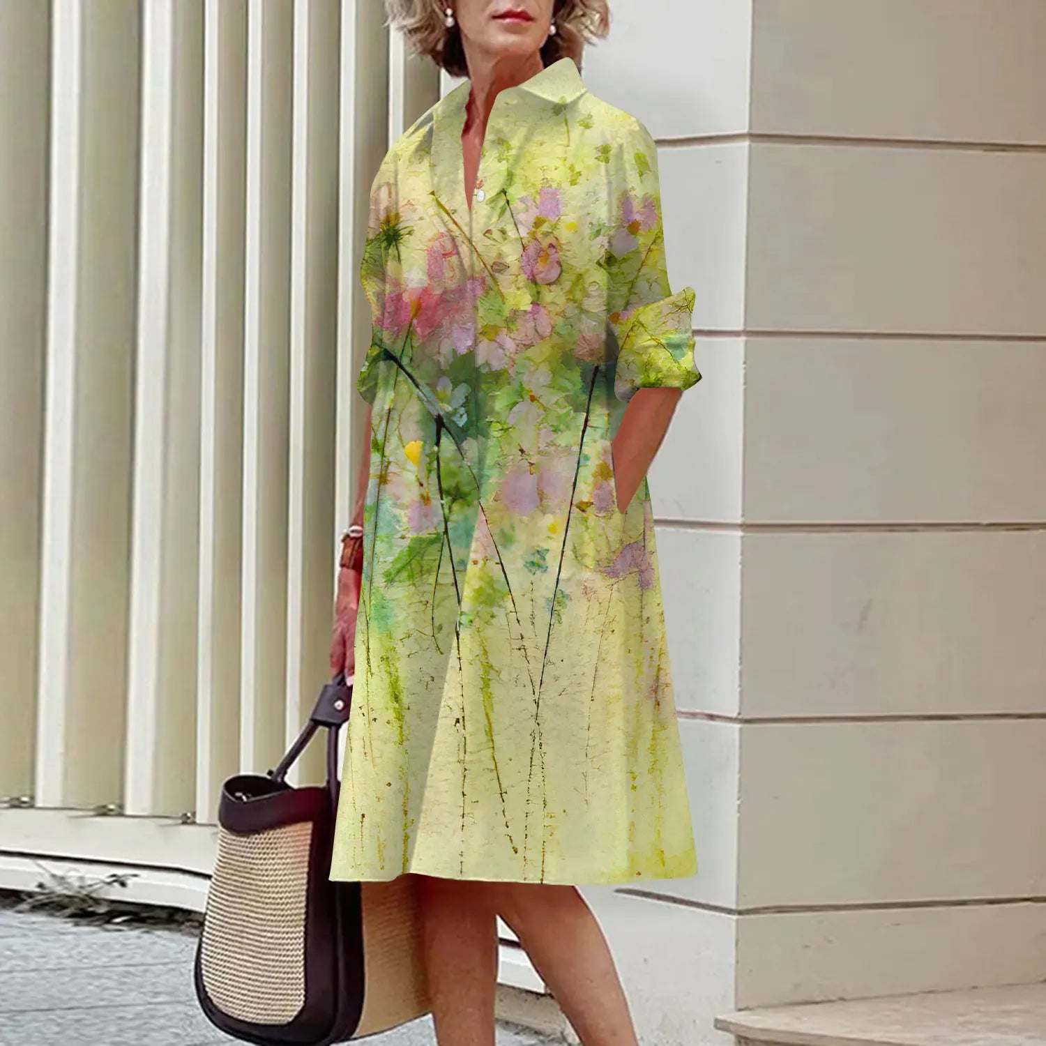 SAIDE™ | S144 DRESS - FLORAL PRINT LONG SLEEVE SHIRT DRESS