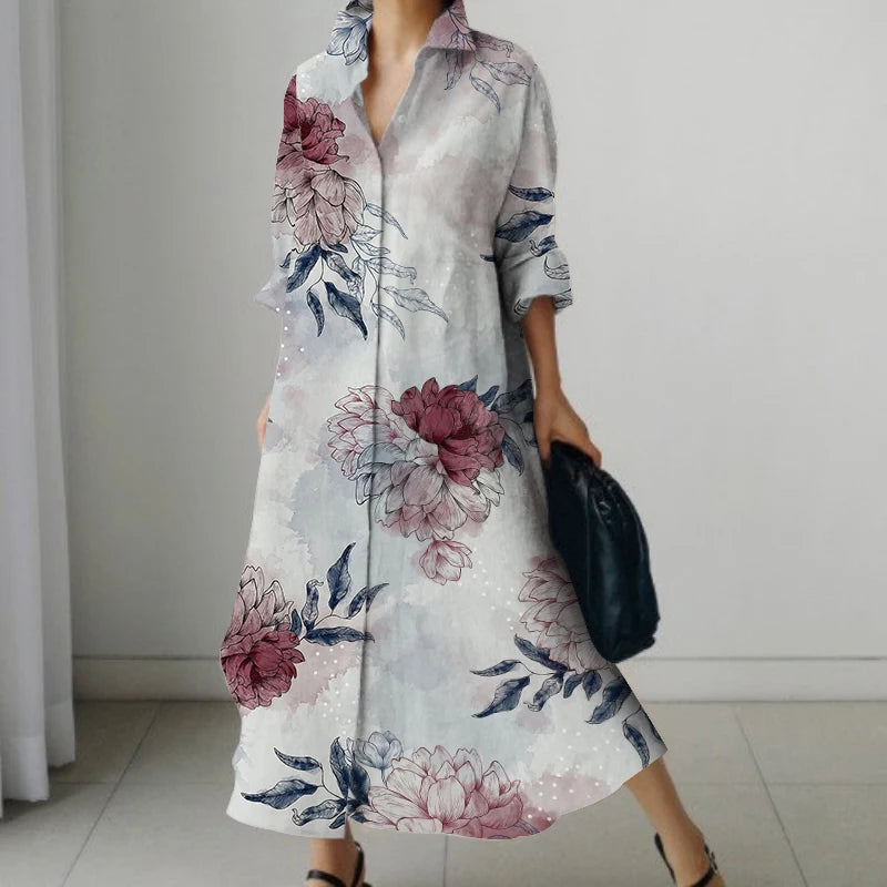 SAIDE™ | S145 DRESS - ELEGANT FLORAL PRINT LONG SLEEVE SHIRT DRESS