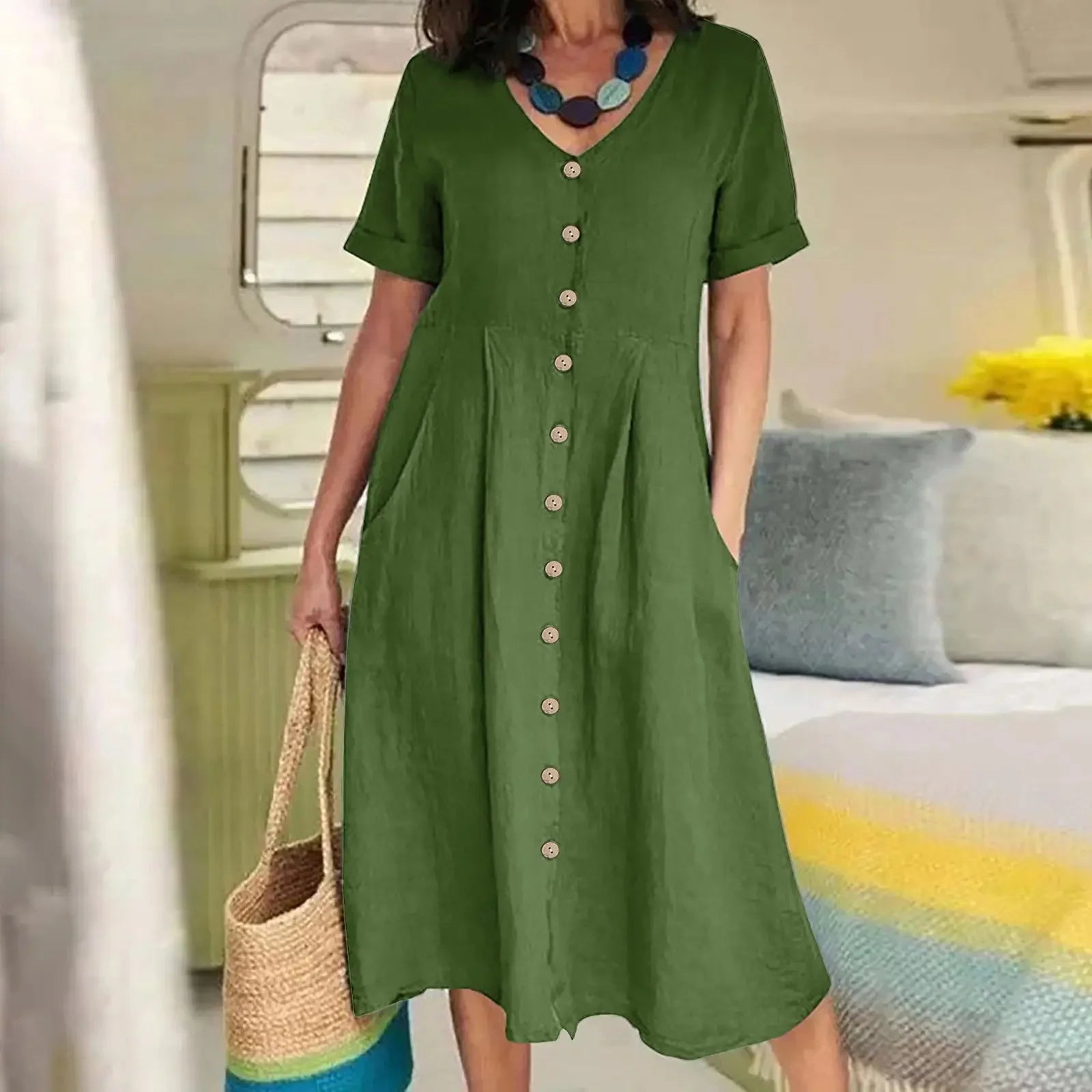 SAIDE™ | S136 DRESS - BUTTON FRONT COTTON LINEN DRESS