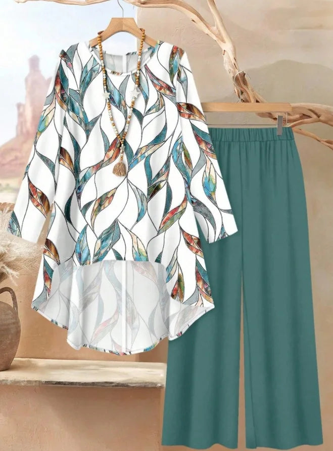 SAIDE™ | S6 TWO PIECE SET - FLORAL PRINT BLOUSE AND WIDE LEG PANTS