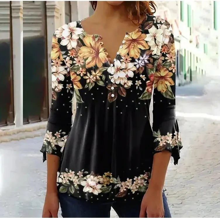SAIDE™ | S126 BLOUSE - FLORAL PRINT V-NECK CHIFFON BLOUSE