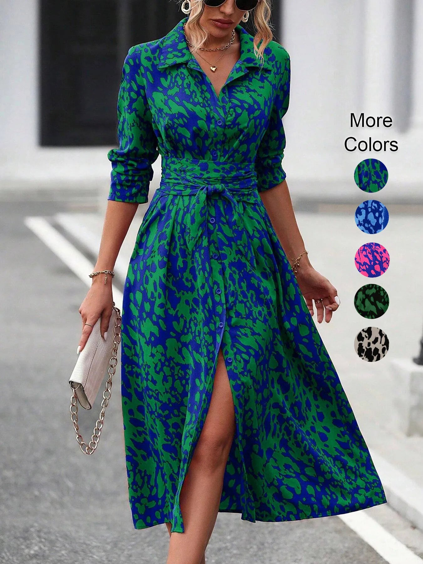 SAIDE™ | S63 DRESS - ELEGANT RANDOM PRINT BUTTON DOWN SHIRT MIDI DRESS