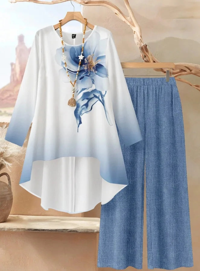 SAIDE™ | S6 TWO PIECE SET - FLORAL PRINT BLOUSE AND WIDE LEG PANTS