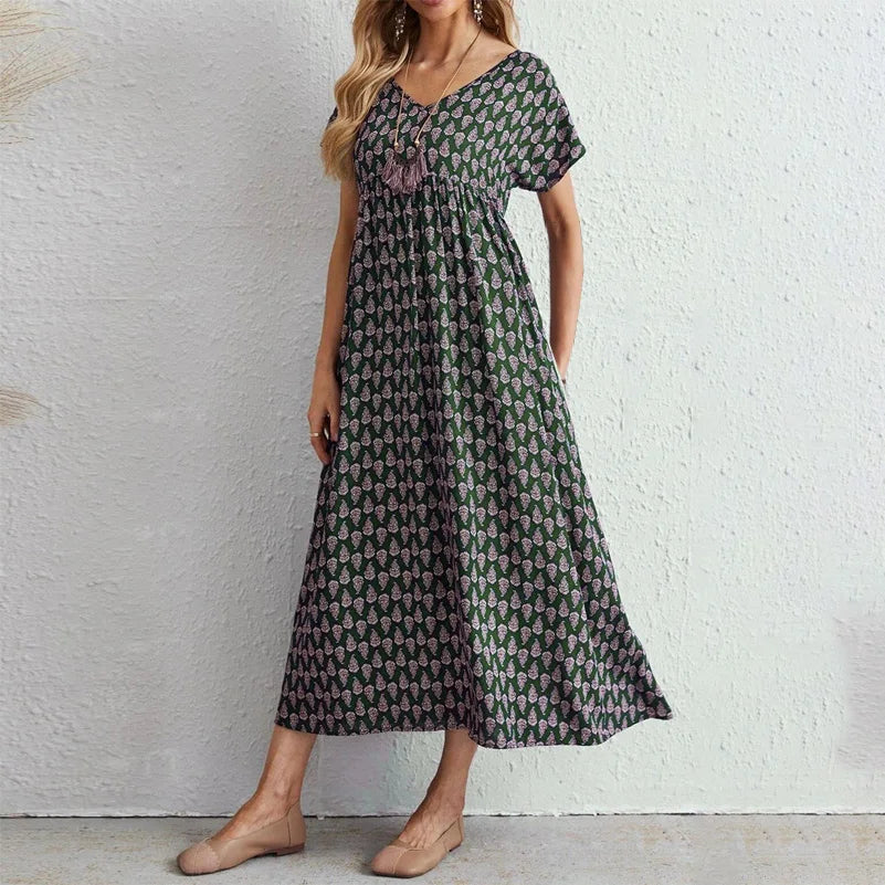 SAIDE™ | S110 DRESS - PLUS SIZE BOHEMIAN PRINTED V-NECK DRESS WITH POCKETS