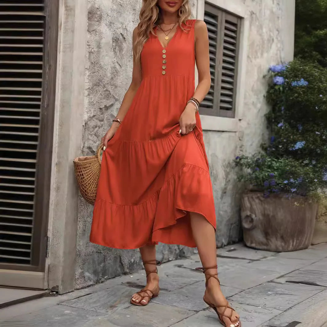 SAIDE™ | S87 DRESS - FASHION SLEEVELESS V-NECK SOLID MIDI DRESS