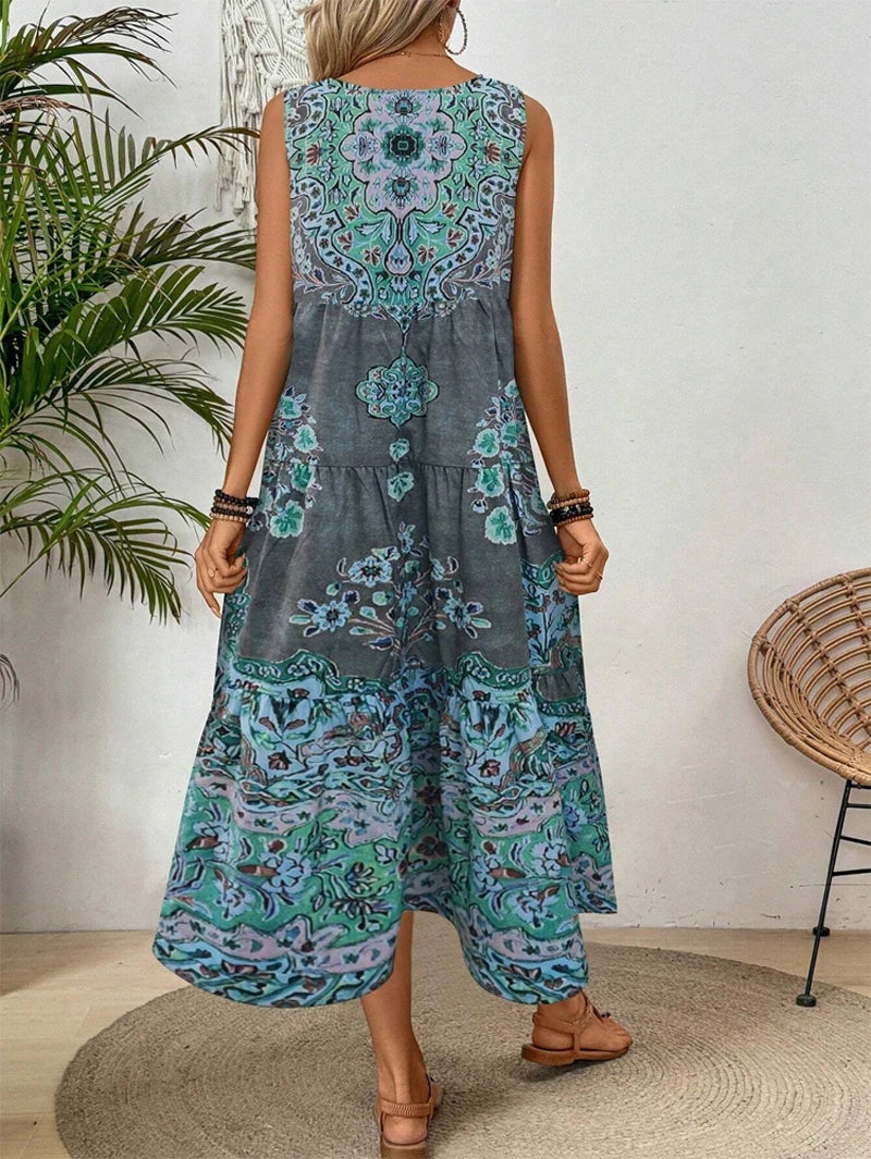 SAIDE™ | S42 DRESS - SUMMER PRINT CREW NECK SLEEVELESS MAXI DRESS