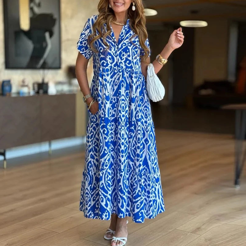SAIDE™ | S124 DRESS - PRINTED V-NECK MAXI BEACH DRESS