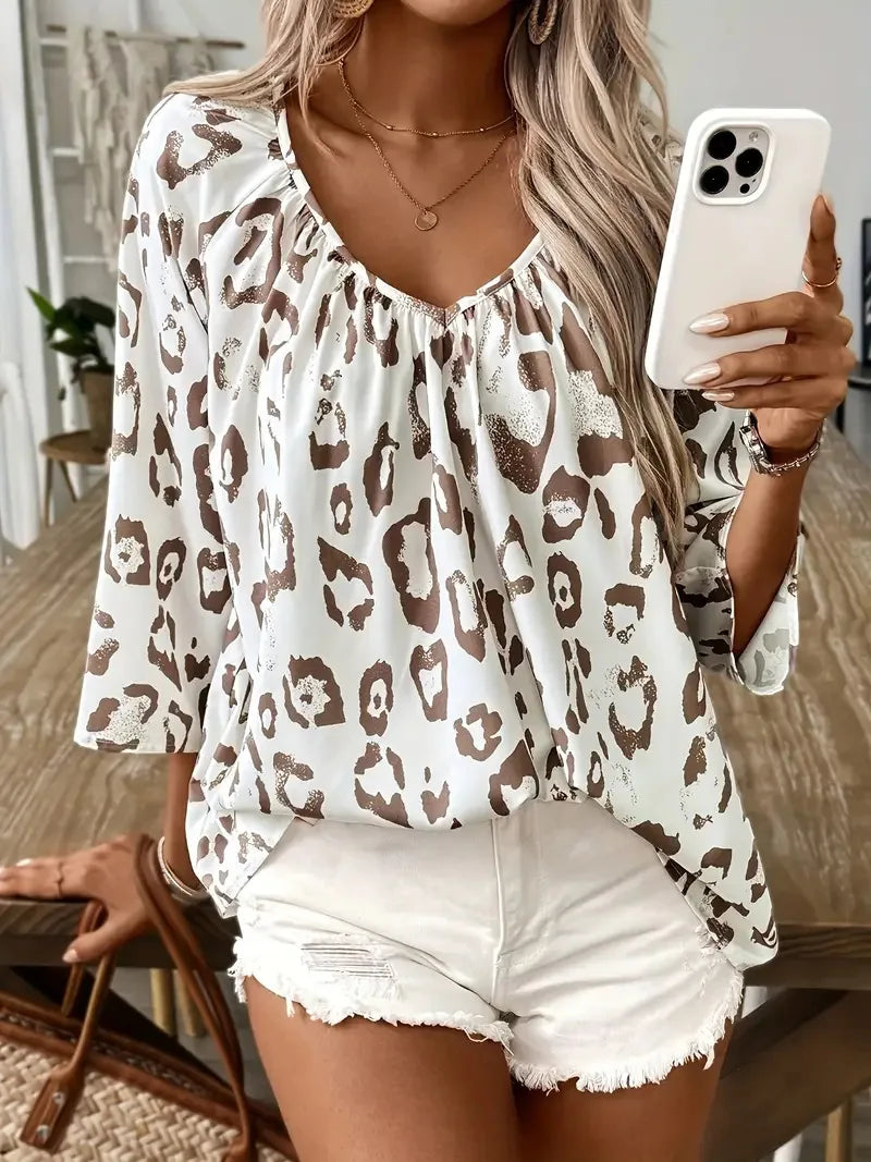 SAIDE™ | S13 SHIRT - LEOPARD PRINT V-NECK LONG SLEEVE SHIRT