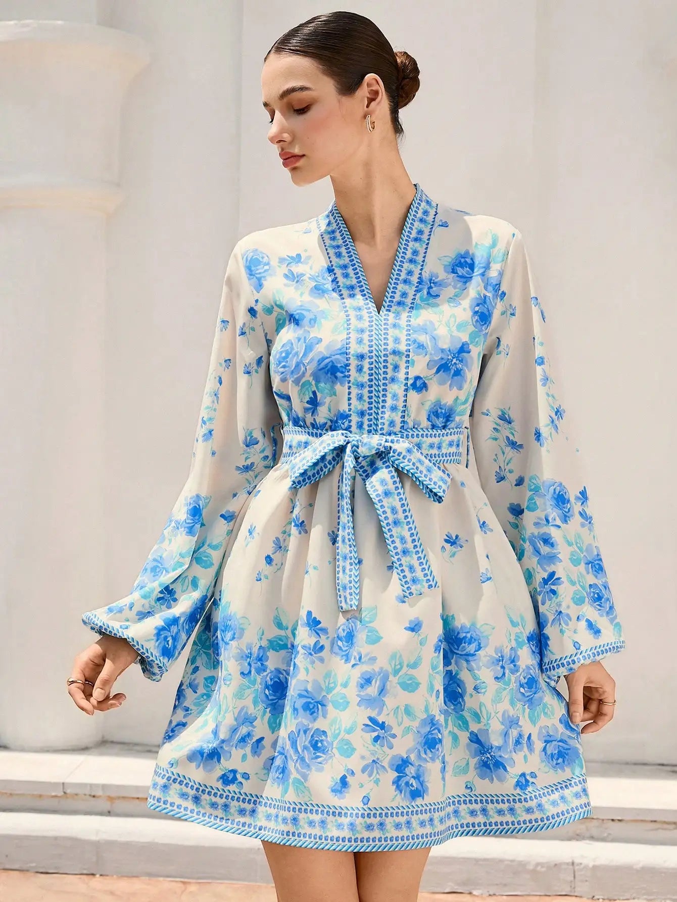 SAIDE™ | S115 DRESS - FLORAL PRINT BELTED WAIST LANTERN SLEEVE DRESS