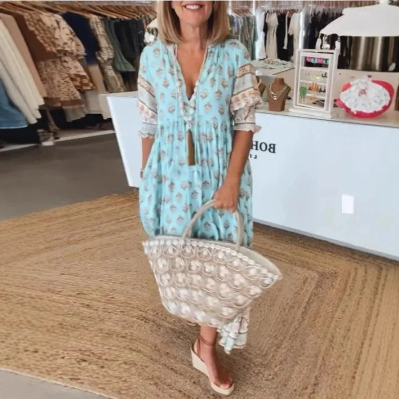 SAIDE™ | S74 DRESS - BOHEMIAN FLORAL V-NECK SHORT SLEEVE MAXI DRESS