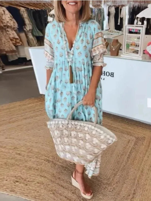 SAIDE™ | S74 DRESS - BOHEMIAN FLORAL V-NECK SHORT SLEEVE MAXI DRESS