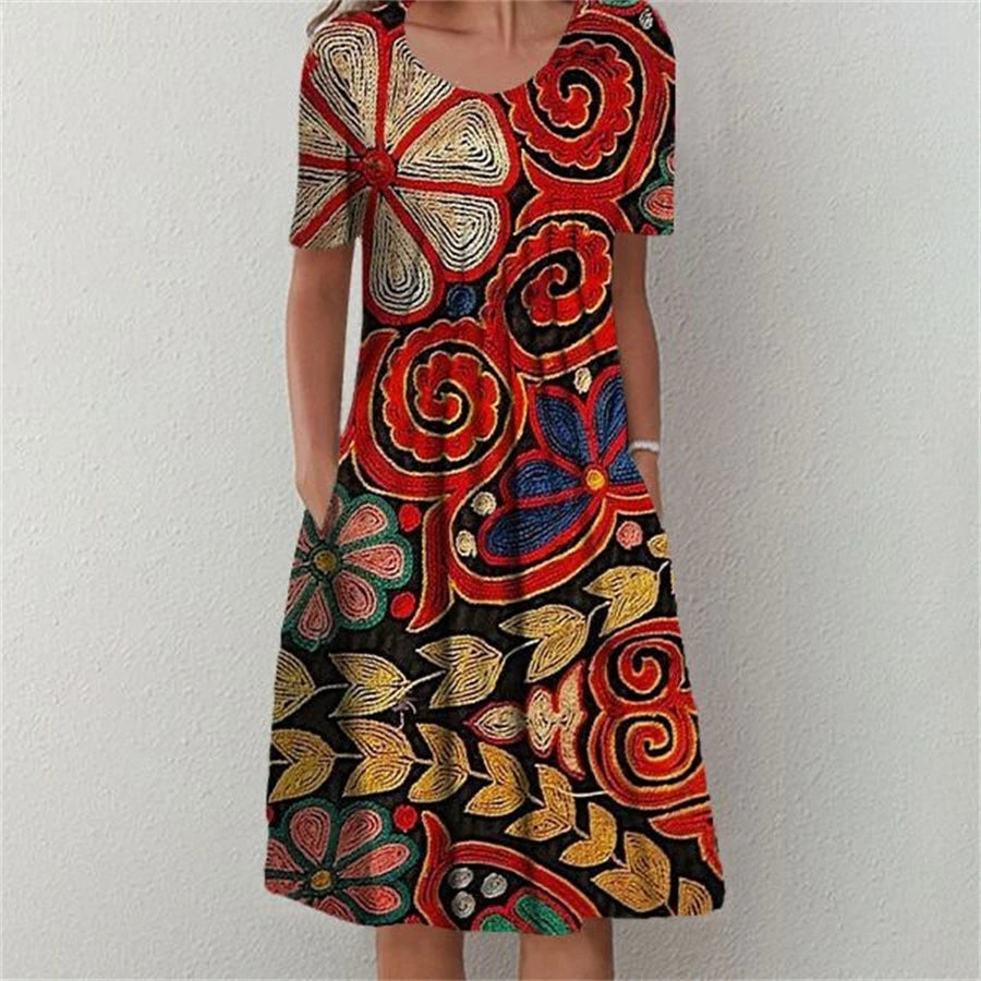 SAIDE™ | S134 DRESS - PRINTED O-NECK MID-CALF CASUAL DRESS