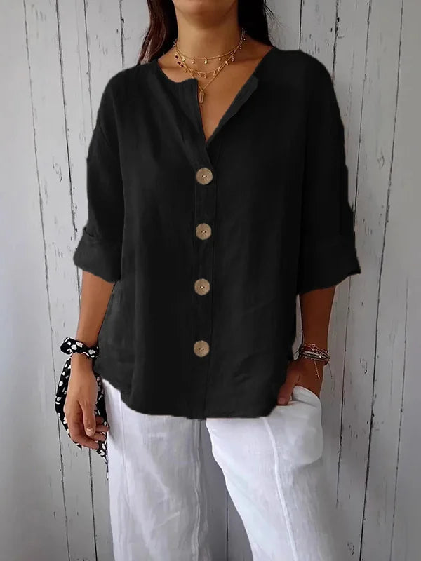 SAIDE™ | S114 SHIRT - V-NECK COTTON LINEN BUTTON TOP