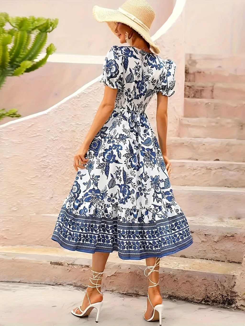 SAIDE™ | S62 DRESS - BLUE PORCELAIN PRINT V-NECK MIDI DRESS