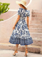 SAIDE™ | S62 DRESS - BLUE PORCELAIN PRINT V-NECK MIDI DRESS