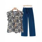 SAIDE™ | S36 TWO PIECE SET - RUFFLED SLEEVE PRINT TOP AND BELTED TROUSERS SET