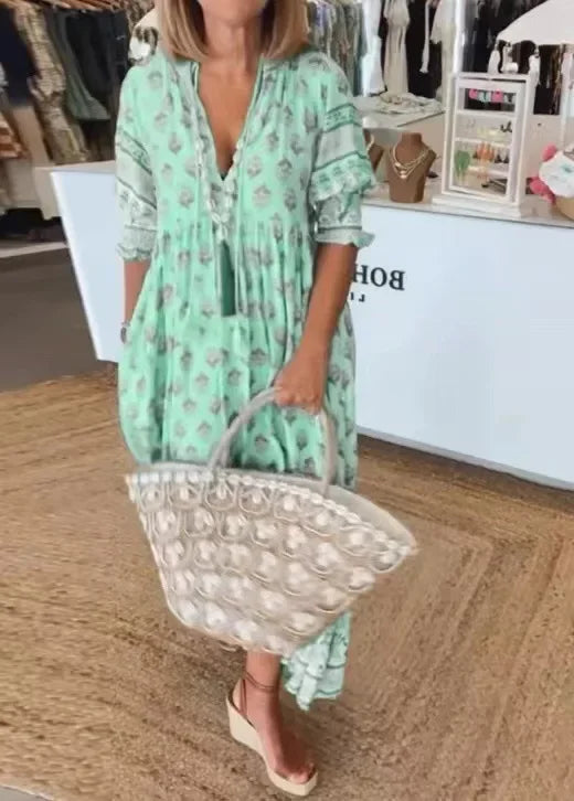SAIDE™ | S74 DRESS - BOHEMIAN FLORAL V-NECK SHORT SLEEVE MAXI DRESS