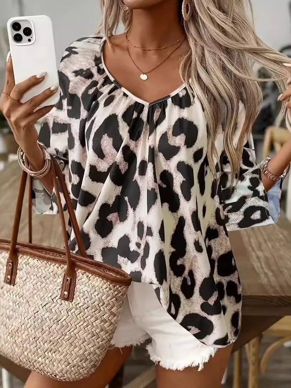 SAIDE™ | S13 SHIRT - LEOPARD PRINT V-NECK LONG SLEEVE SHIRT