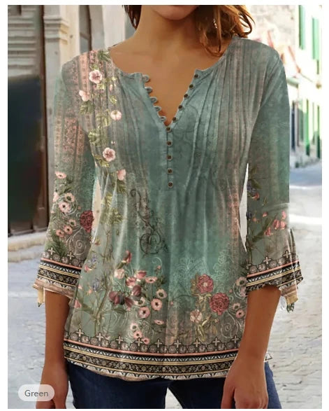 SAIDE™ | S126 BLOUSE - FLORAL PRINT V-NECK CHIFFON BLOUSE
