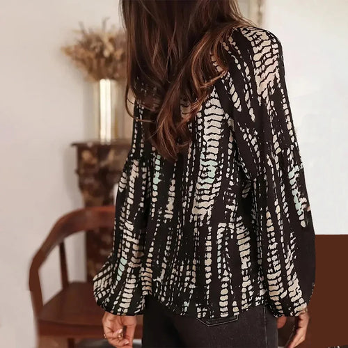 SAIDE™ | S112 TOP - PLUS SIZE STRIPED PRINTED V-NECK LONG SLEEVE SHIRT